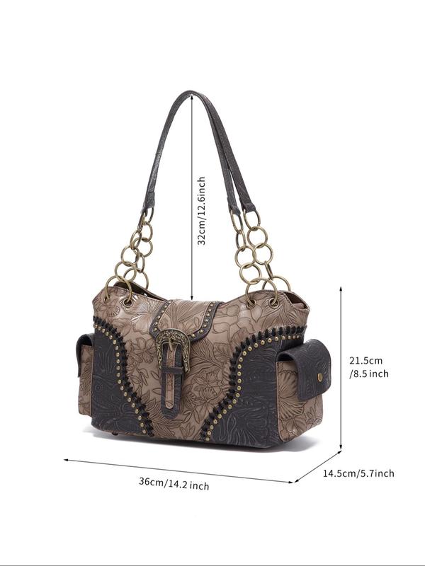 Fashion Vintage Floral Embossed Buckle Decorated Square Bag,  Casual Shoulder Bag for Women, All-match Handbag for Daily Used