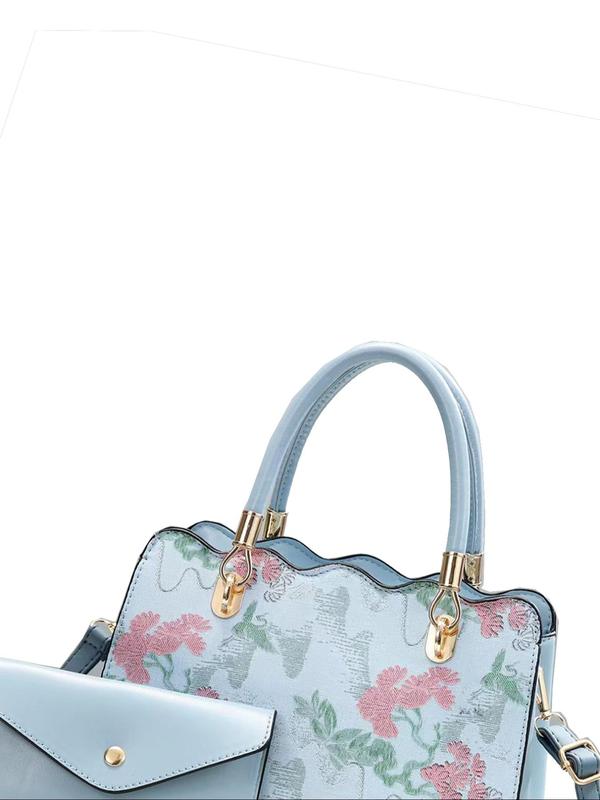 Women's Fashionable Floral Embroidering Design Bag Set, Casual Versatile Large Capacity Shoulder Bag & Wallet, Trendy All-match Bag Set for Daily Use