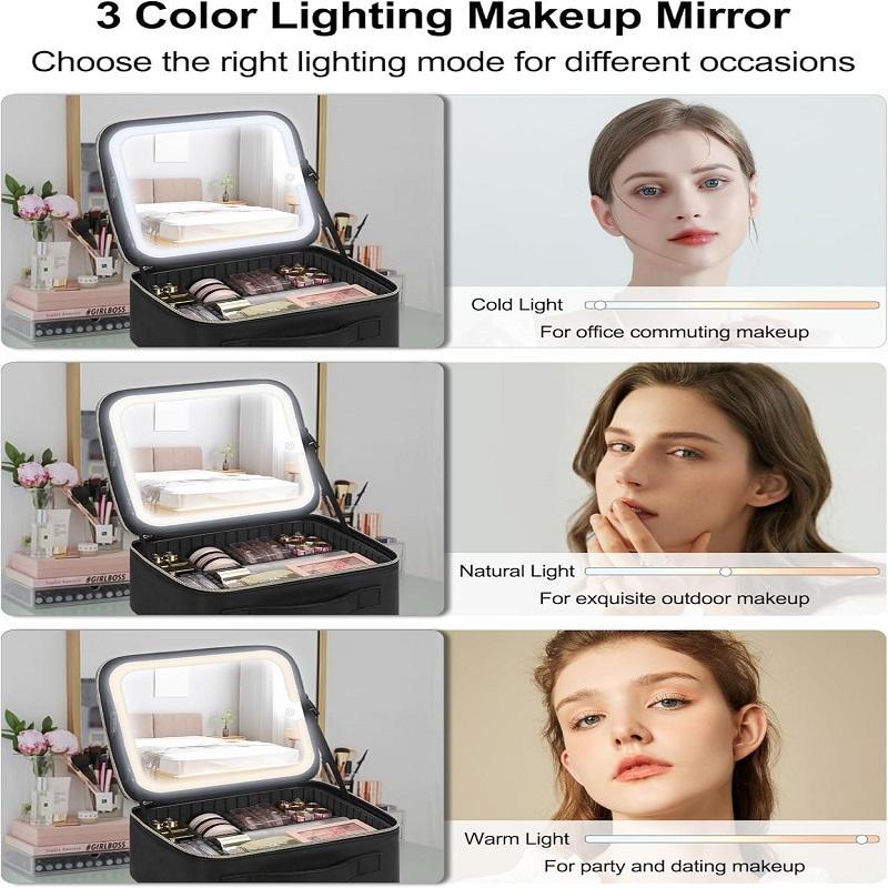 Portable Makeup Bag with LED Makeup Mirror, Large Capacity Cosmetic Storage Box with LED Light Mirror, Travel Makeup Bag for Christmas Gift, Makeup Organizer, Makeup Accessories, Mirror LED, Vanity Mirror