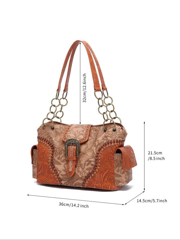 Fashion Vintage Floral Embossed Buckle Decorated Square Bag,  Casual Shoulder Bag for Women, All-match Handbag for Daily Used