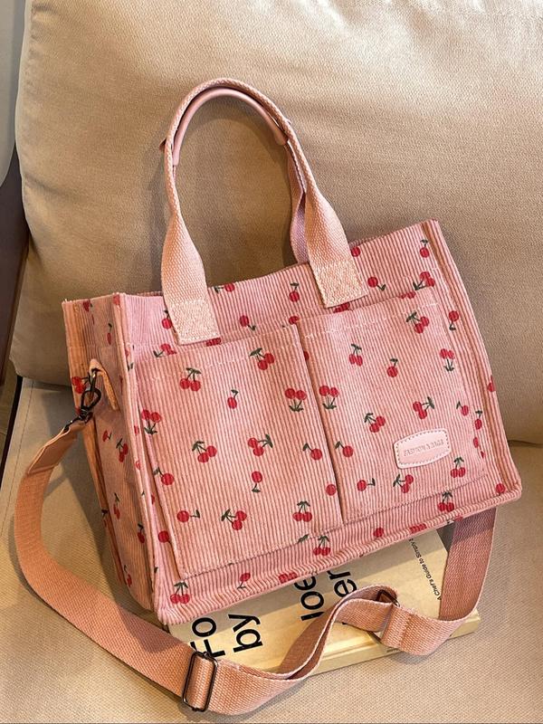 Women's Cute Cherry Pattern Tote Bag, Large Capacity Shoulder Bag for Daily Used, Casual Trendy Versatile High-quality Daily Commuting Bag, Girl Fashionable Shopping Bag