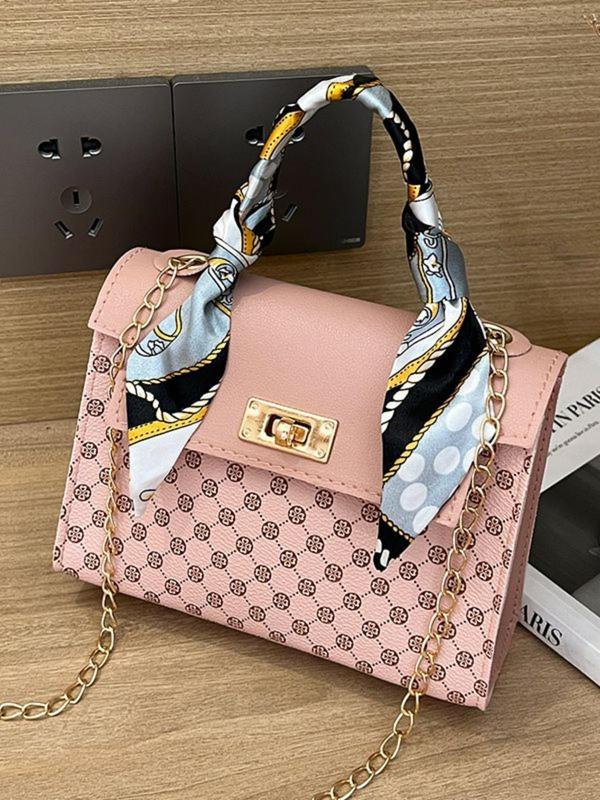 Fashionable All-match All Over Print Handbag with Bag Scarf Decor, Stylish Chain Strap Crossbody Bag, New Fashion Designer Bag for Women