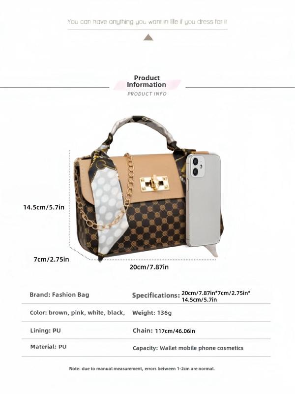 Fashionable All-match All Over Print Handbag with Bag Scarf Decor, Stylish Chain Strap Crossbody Bag, New Fashion Designer Bag for Women