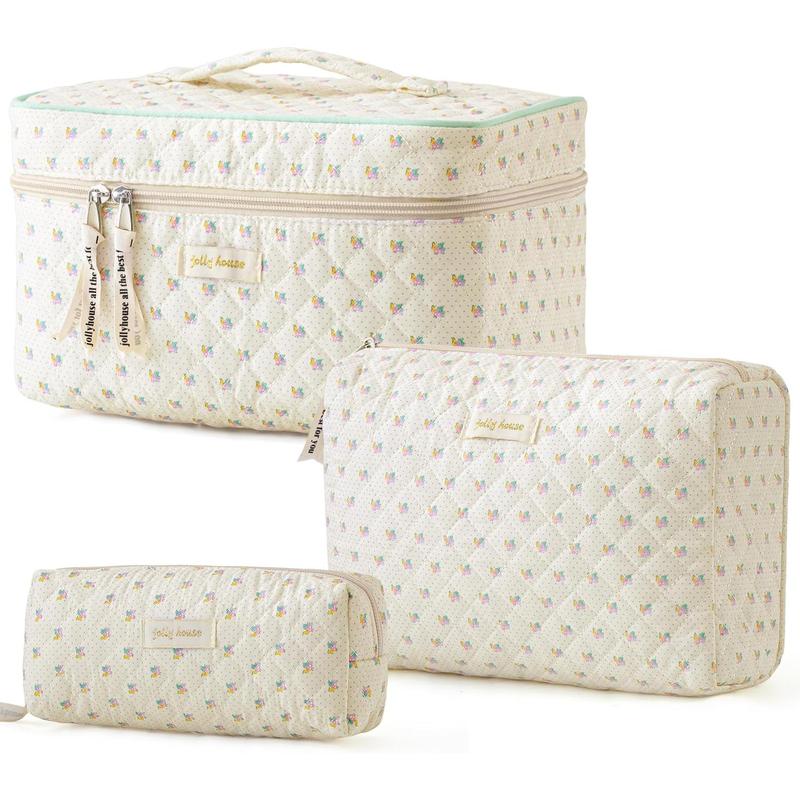 Quilted Makeup Bag, 3PCS Cotton Large Travel Makeup Bag, Cute Floral Coquette Make up Bag Cosmetic Bag Toiletry Bag Women Girls