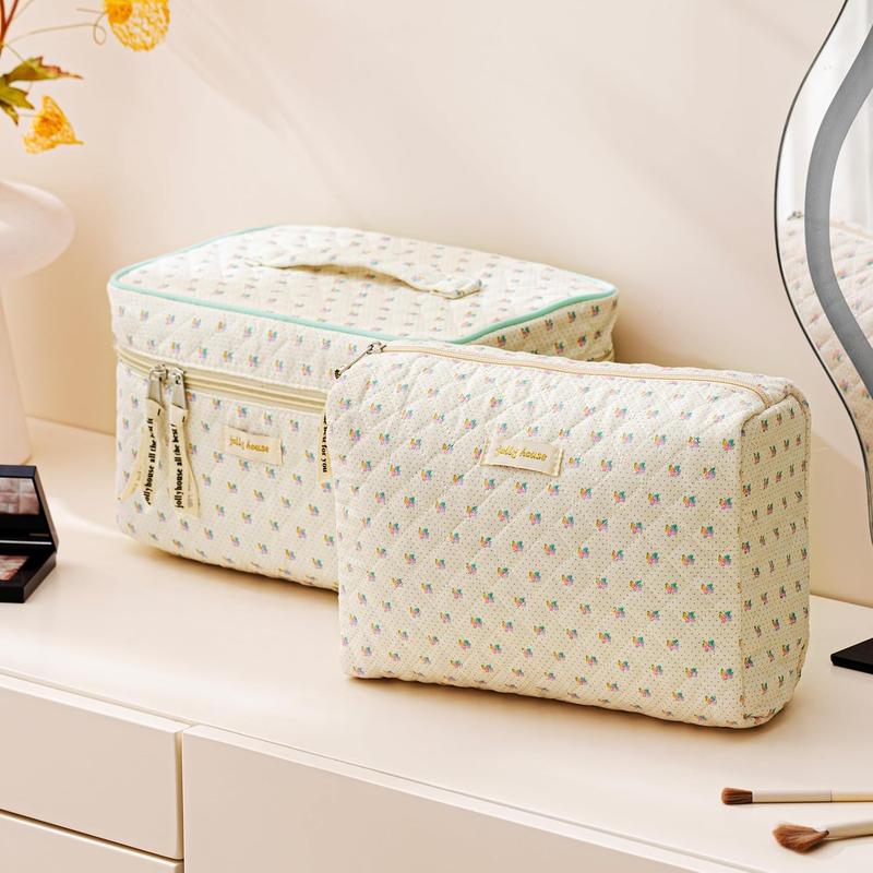 Quilted Makeup Bag, 3PCS Cotton Large Travel Makeup Bag, Cute Floral Coquette Make up Bag Cosmetic Bag Toiletry Bag Women Girls