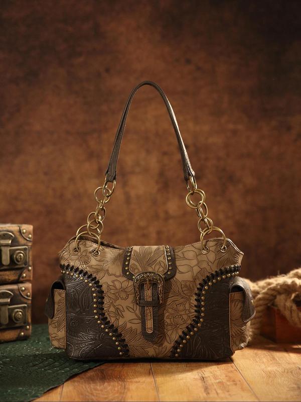 Fashion Vintage Floral Embossed Buckle Decorated Square Bag,  Casual Shoulder Bag for Women, All-match Handbag for Daily Used