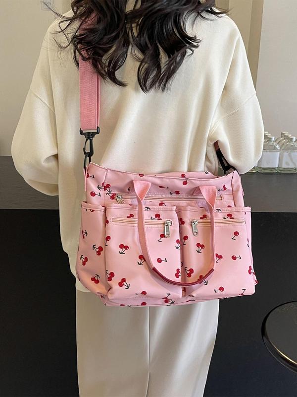 Random Cherry Print Tote Bag, Summer 2024 New Style Fashionable Casual Commuter Shoulder Bag, Versatile Zipper Shoulder Bag for Women & Girls for Back To School As Gifts