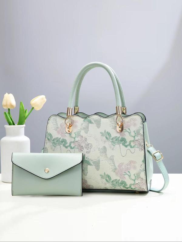 Women's Fashionable Floral Embroidering Design Bag Set, Casual Versatile Large Capacity Shoulder Bag & Wallet, Trendy All-match Bag Set for Daily Use