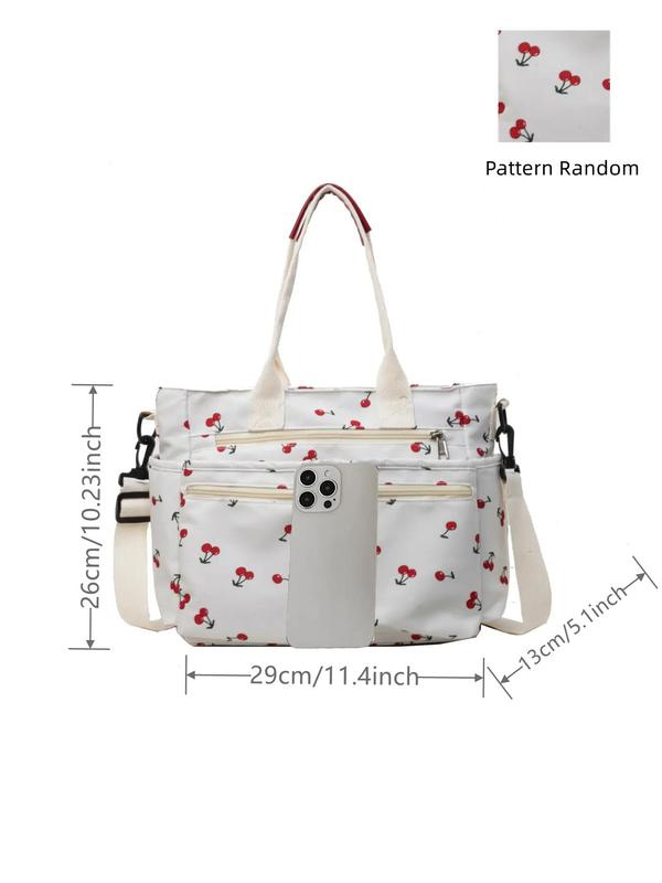 Random Cherry Print Tote Bag, Summer 2024 New Style Fashionable Casual Commuter Shoulder Bag, Versatile Zipper Shoulder Bag for Women & Girls for Back To School As Gifts