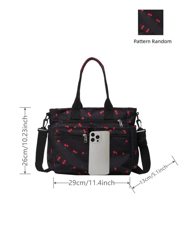 Random Cherry Print Tote Bag, Summer 2024 New Style Fashionable Casual Commuter Shoulder Bag, Versatile Zipper Shoulder Bag for Women & Girls for Back To School As Gifts