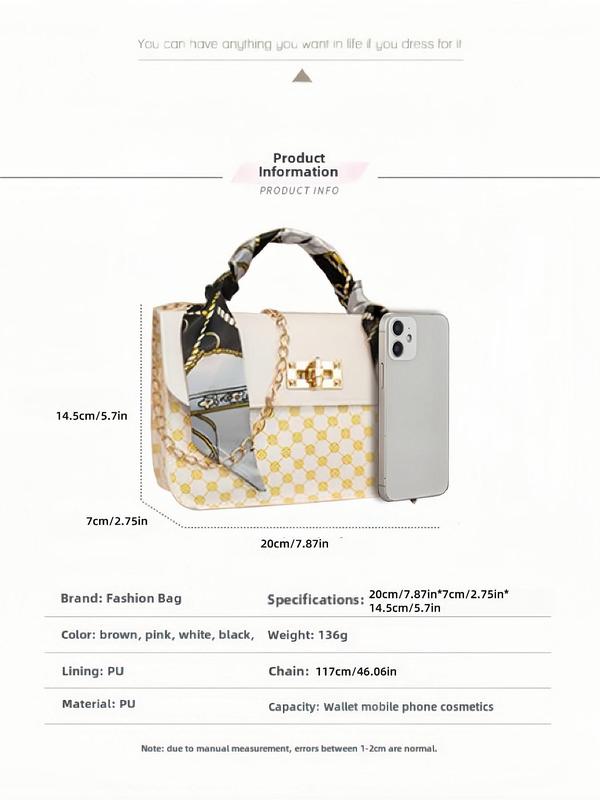 Fashionable All-match All Over Print Handbag with Bag Scarf Decor, Stylish Chain Strap Crossbody Bag, New Fashion Designer Bag for Women