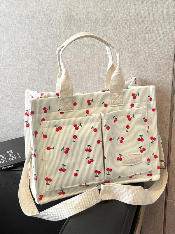 Women's Cute Cherry Pattern Tote Bag, Large Capacity Shoulder Bag for Daily Used, Casual Trendy Versatile High-quality Daily Commuting Bag, Girl Fashionable Shopping Bag