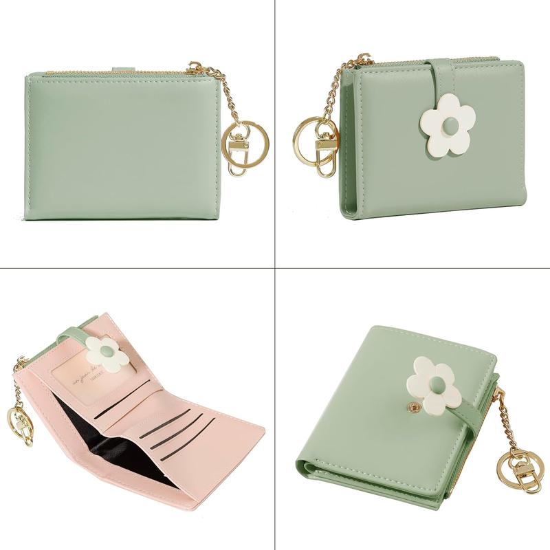 Fashion Small Wallet Zipper Wallet Coin Purse ID Photo Window Card Holder Key Ring with Cute Flower Pattern Buckle for Women Girls