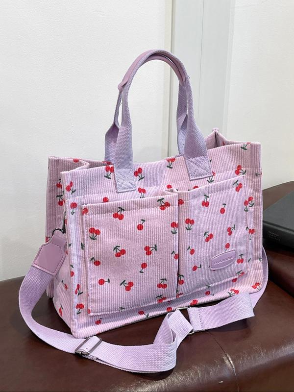 Women's Cute Cherry Pattern Tote Bag, Large Capacity Shoulder Bag for Daily Used, Casual Trendy Versatile High-quality Daily Commuting Bag, Girl Fashionable Shopping Bag