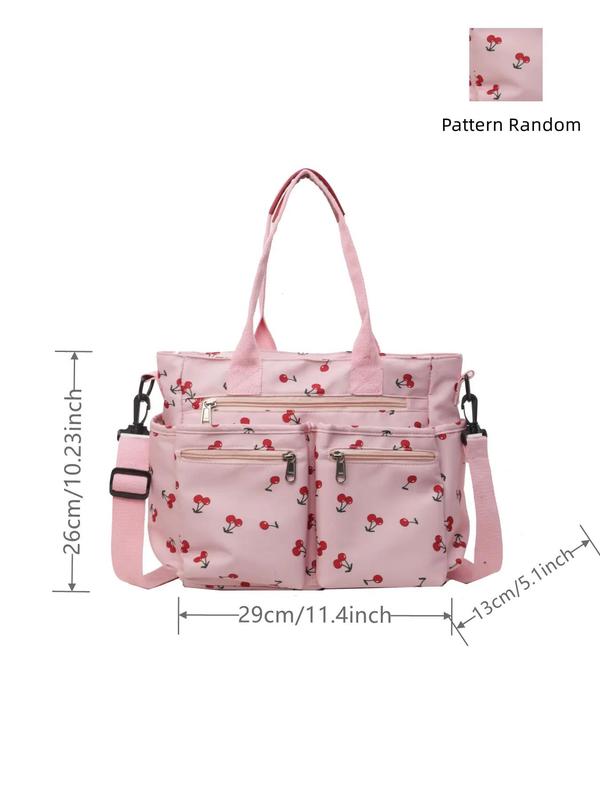 Random Cherry Print Tote Bag, Summer 2024 New Style Fashionable Casual Commuter Shoulder Bag, Versatile Zipper Shoulder Bag for Women & Girls for Back To School As Gifts