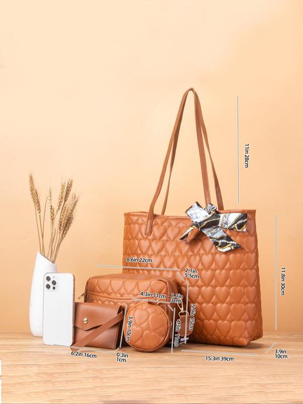 Fashion Trend Solid Color Heart Quilted Tote Bag As Gift, Casual Versatile Large Capacity Crossbody Bag for Women, Scarf Bow Decoration, with Small Bag Charm