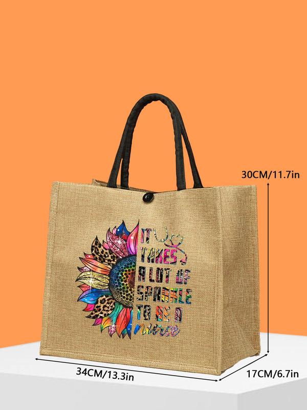 Sunflower & Letter Pattern Linen Tote Bag Set, Large Capacity Travel Shoulder Bag & Wallet, Casual Versatile Bag Set for Women & Girls