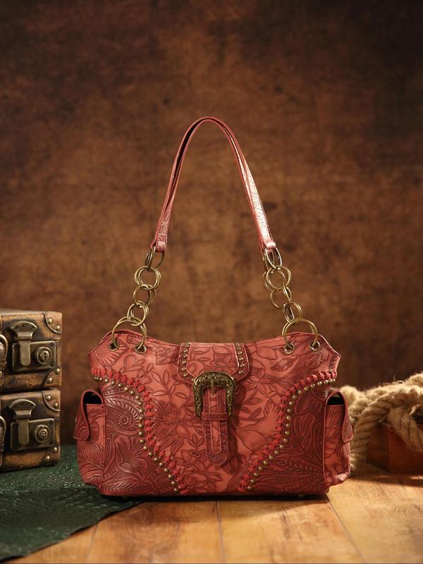 Fashion Vintage Floral Embossed Buckle Decorated Square Bag,  Casual Shoulder Bag for Women, All-match Handbag for Daily Used