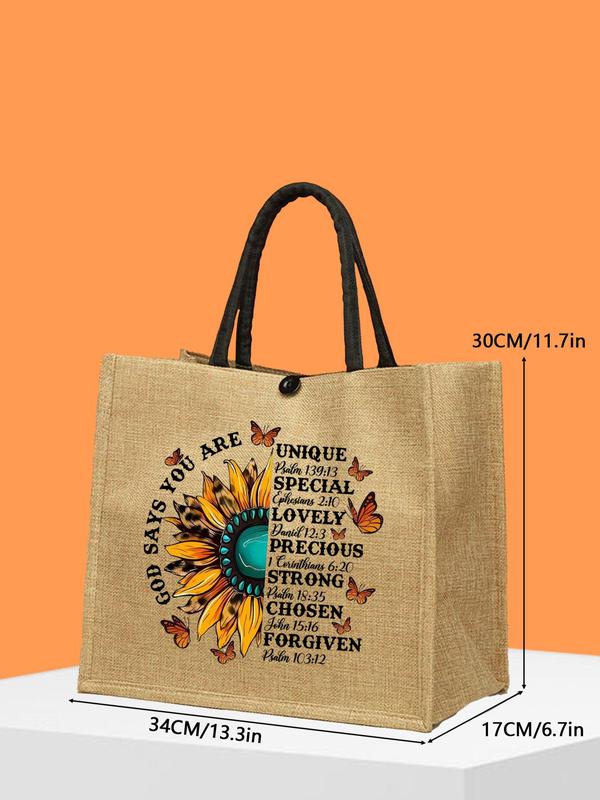 Sunflower & Letter Pattern Linen Tote Bag Set, Large Capacity Travel Shoulder Bag & Wallet, Casual Versatile Bag Set for Women & Girls