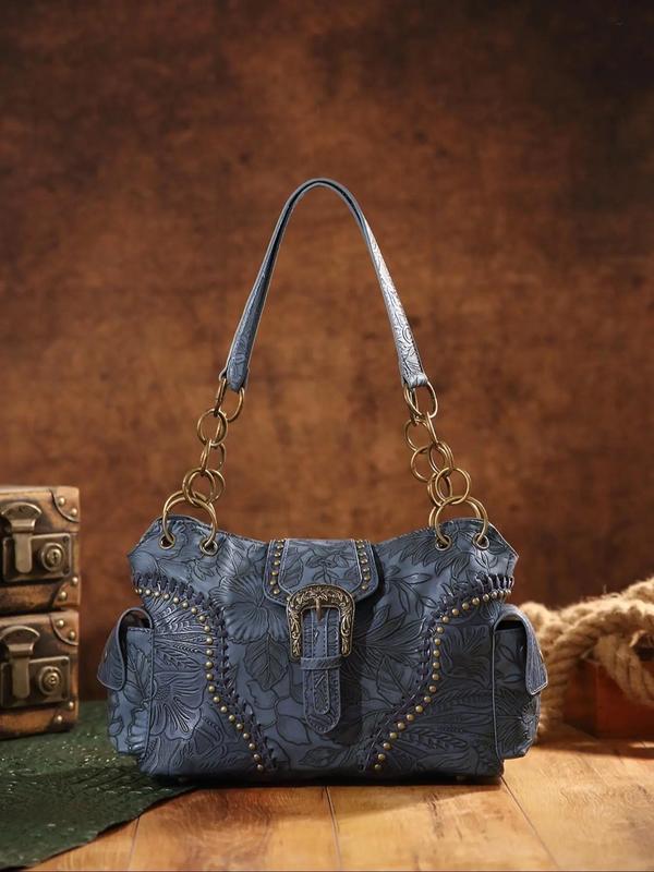 Fashion Vintage Floral Embossed Buckle Decorated Square Bag,  Casual Shoulder Bag for Women, All-match Handbag for Daily Used