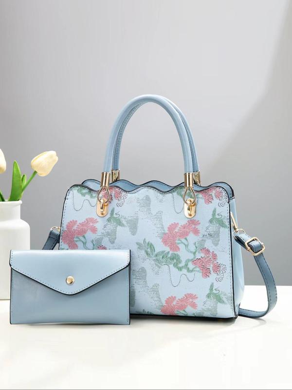 Women's Fashionable Floral Embroidering Design Bag Set, Casual Versatile Large Capacity Shoulder Bag & Wallet, Trendy All-match Bag Set for Daily Use