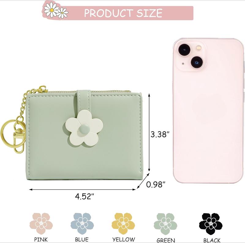 Fashion Small Wallet Zipper Wallet Coin Purse ID Photo Window Card Holder Key Ring with Cute Flower Pattern Buckle for Women Girls