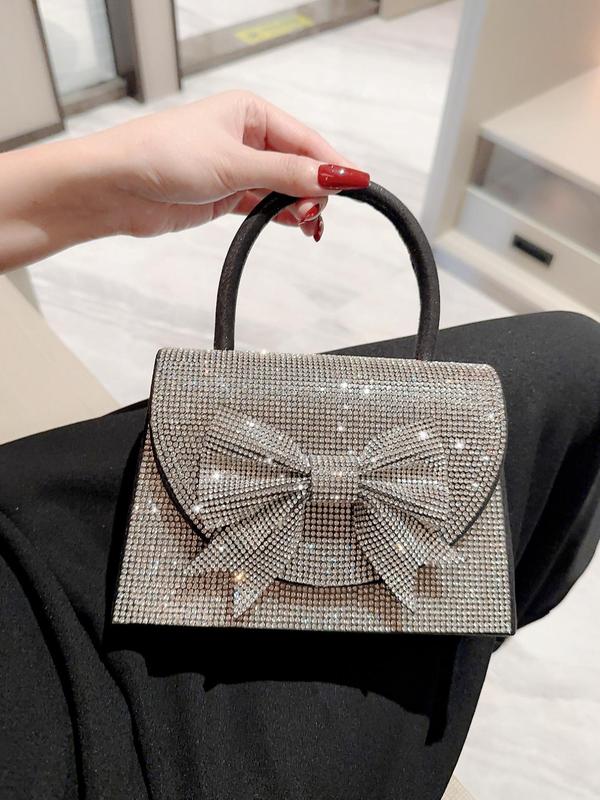 Elegant Rhinestone Bow Decor Glittery Top Handle Flap Clutch with Chain Strap, Women's Evening Bags for Party Wedding