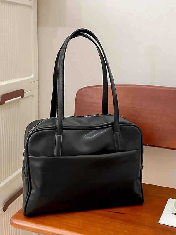 Women's Solid Color Tote Bag, Fashionable PU Leather Zipper Shoulder Bag for Daily Used, Casual Trendy Versatile High-quality Daily Commuting Bag