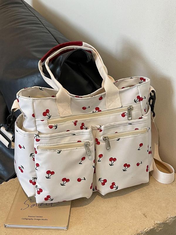 Random Cherry Print Tote Bag, Summer 2024 New Style Fashionable Casual Commuter Shoulder Bag, Versatile Zipper Shoulder Bag for Women & Girls for Back To School As Gifts