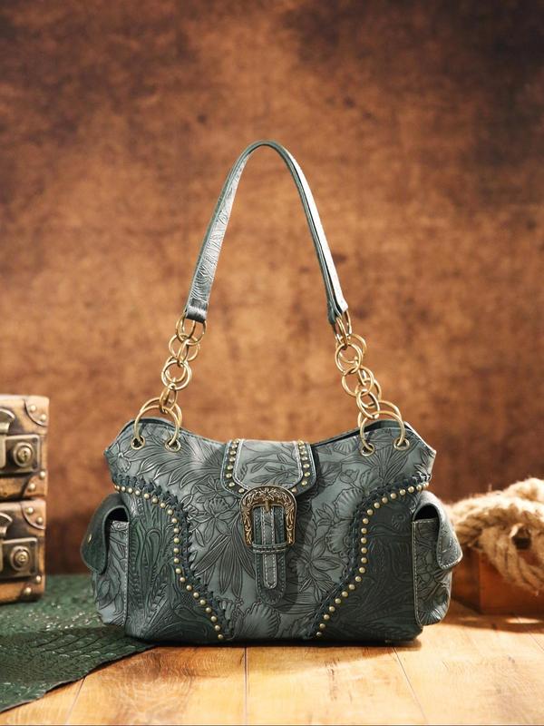 Fashion Vintage Floral Embossed Buckle Decorated Square Bag,  Casual Shoulder Bag for Women, All-match Handbag for Daily Used