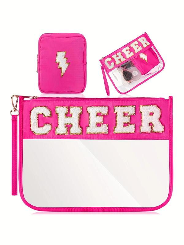 Cheer Letter Pattern Makeup Bag, Including Makeup Bag & Small Clutch Bag, Portable Travel Cosmetic Bag, Toiletry Storage Bag for Women & Girls