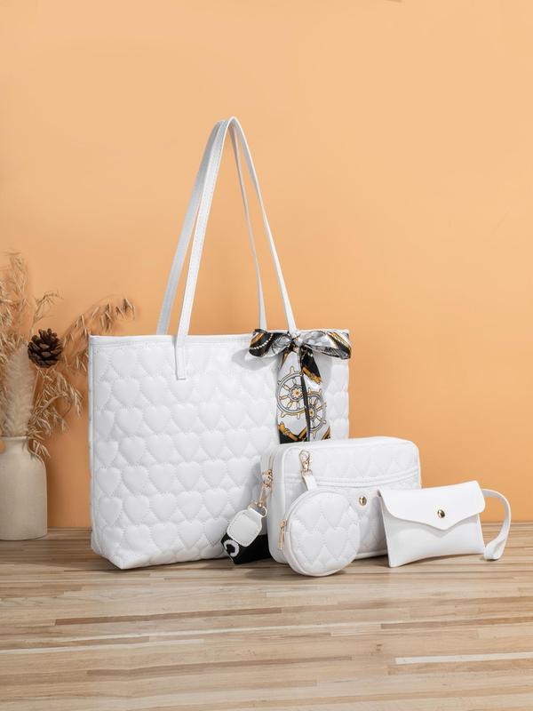 Fashion Trend Solid Color Heart Quilted Tote Bag As Gift, Casual Versatile Large Capacity Crossbody Bag for Women, Scarf Bow Decoration, with Small Bag Charm