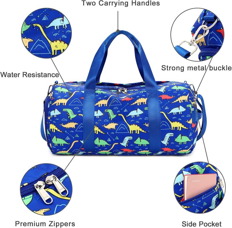 Kids Duffel Overnight Bag Boys Girls Weekender Carry-On Personalized Tote for Travel Gym Sport (Dinosaur-Dark Blue) 18.1