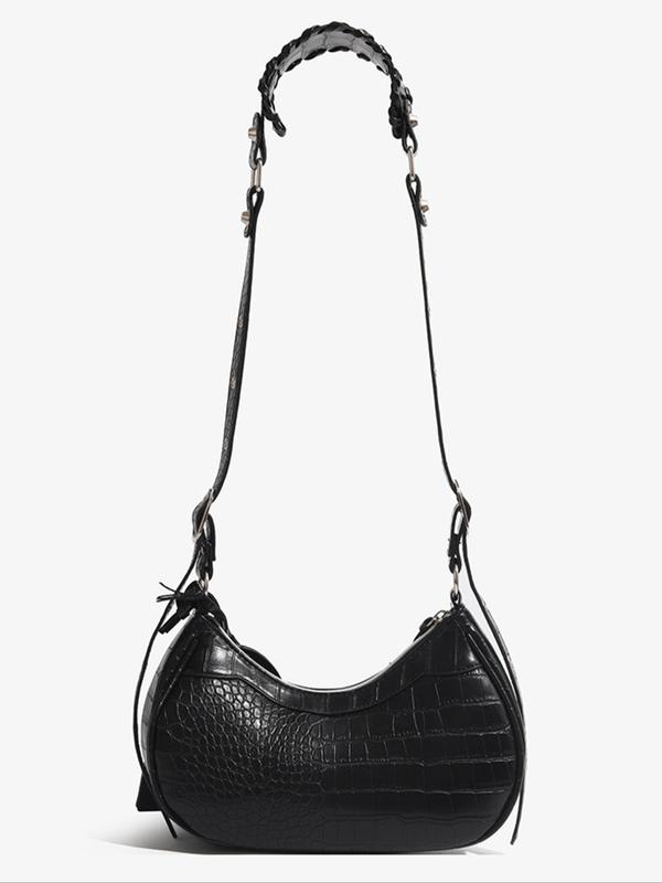 Women's Punk Style Crocodile Embossed Shoulder Bag, Fashionable Heart Decor Underarm Bag with Heart Bag Charm, Rivet Tassel Design Shoulder Bag for Daily Used