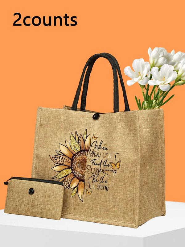 Sunflower & Letter Pattern Linen Tote Bag Set, Large Capacity Travel Shoulder Bag & Wallet, Casual Versatile Bag Set for Women & Girls