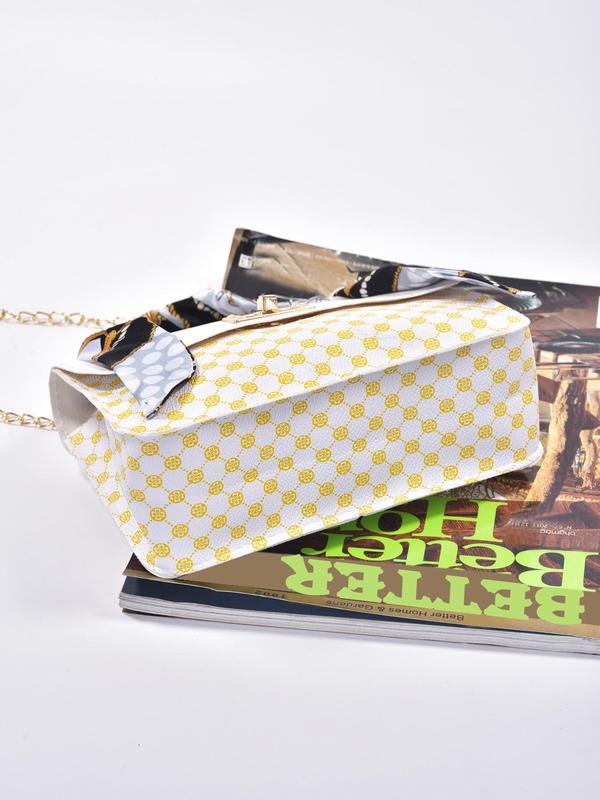 Fashionable All-match All Over Print Handbag with Bag Scarf Decor, Stylish Chain Strap Crossbody Bag, New Fashion Designer Bag for Women