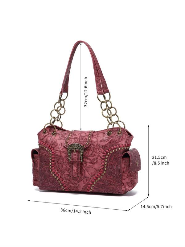 Fashion Vintage Floral Embossed Buckle Decorated Square Bag,  Casual Shoulder Bag for Women, All-match Handbag for Daily Used