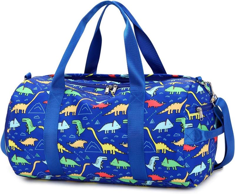 Kids Duffel Overnight Bag Boys Girls Weekender Carry-On Personalized Tote for Travel Gym Sport (Dinosaur-Dark Blue) 18.1