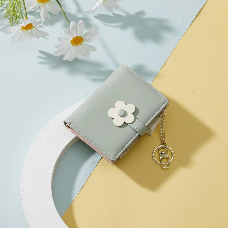 Fashion Small Wallet Zipper Wallet Coin Purse ID Photo Window Card Holder Key Ring with Cute Flower Pattern Buckle for Women Girls