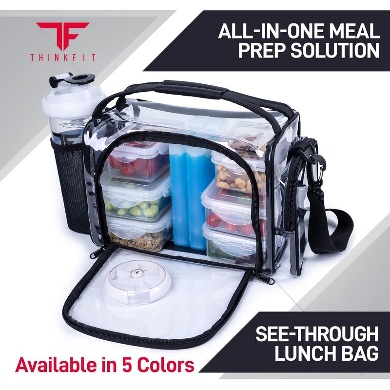 ThinkFit Clear Meal Prep Lunch Bag for High Security with 6 Containers, Ice Packs, Shaker Cup and More!