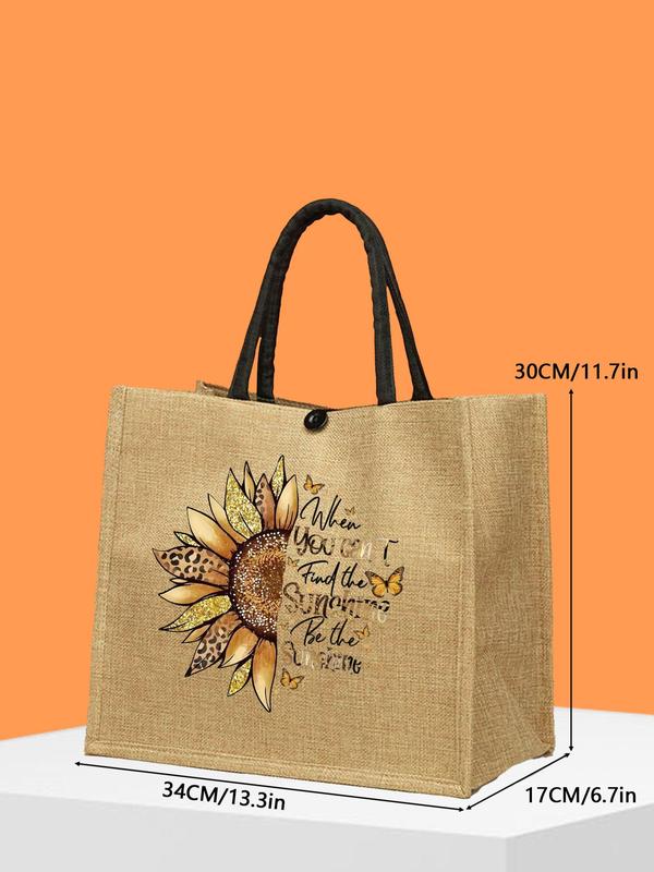 Sunflower & Letter Pattern Linen Tote Bag Set, Large Capacity Travel Shoulder Bag & Wallet, Casual Versatile Bag Set for Women & Girls