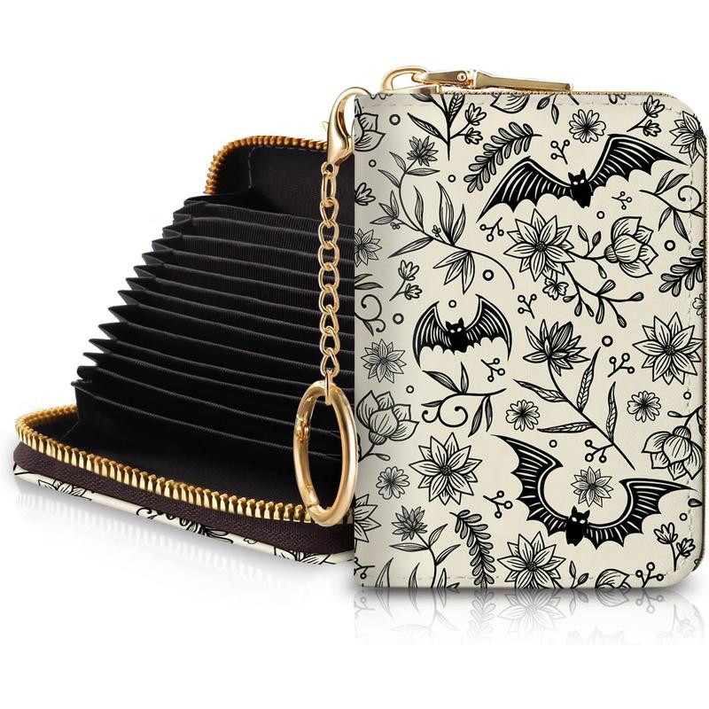 Goth Bat Card Holder for Women, Floral Small RFID Wallet with Zipper, Card Keychain Wallet, Leather Wallet Card Case, Business Accordion Wallet Gift