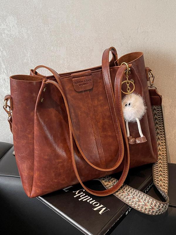 Women's Fashionable Solid Color Tote Bag with Pom Pom Charm, Large Capacity Shoulder Bag for Daily Used, Casual Trendy Versatile High-quality Daily Commuting Bag, Girl Fashionable Bag