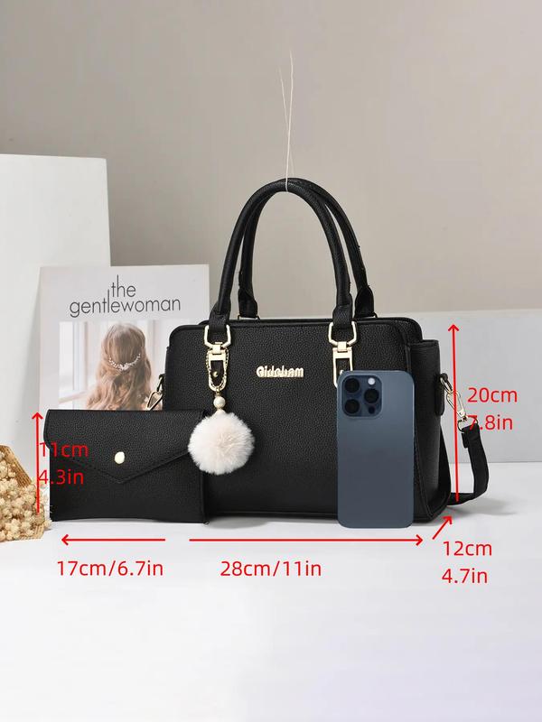 Women's Fashionable Solid Color Bag Set with Pom Pom Charm, PU Leather Handbag & Clutch Bag, Large Capacity One Shoulder Crossbody Bag Set for Daily Used