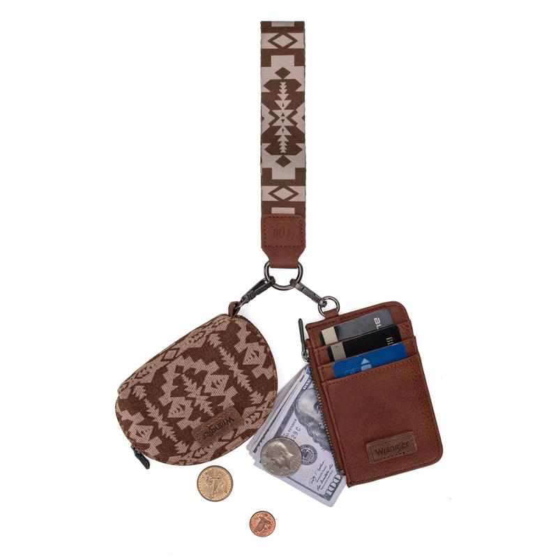 Wrangler 2 PCS SET Southwestern Pattern Print Print Card Holder Whipstitch Wristlet Wallet Portable Zipper Coin Pocket