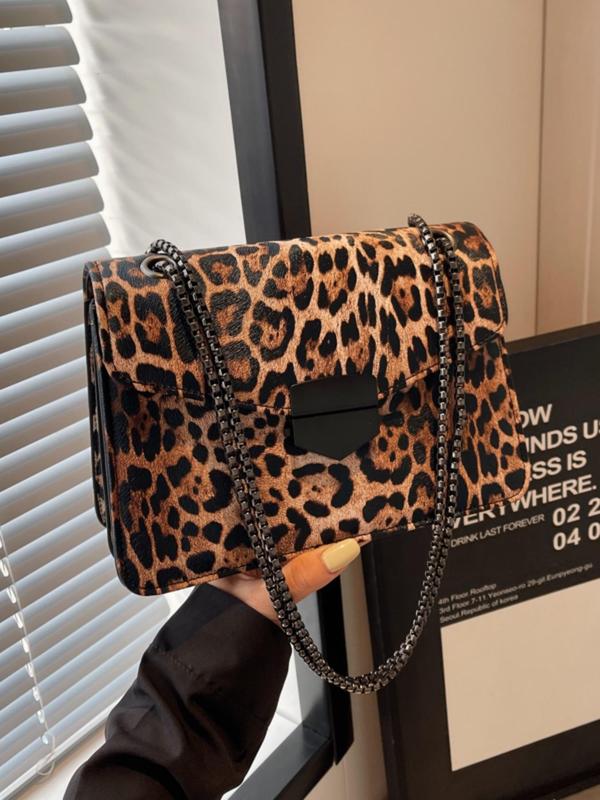 Fashion Leopard Pattern Shoulder Bag, Punk Style Chain Strap Crossbody Bag for Women, Casual Trendy Versatile Vintage Daily Commuting Bag