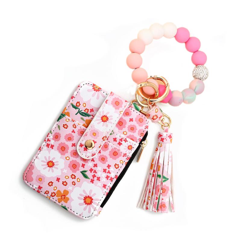 Floral Leather Small Wallet with Keychain and Bracelet,Floral Print Leather Card Bag,Keychain Wallet Wristlet Small Credit Card Holder for Women Girls