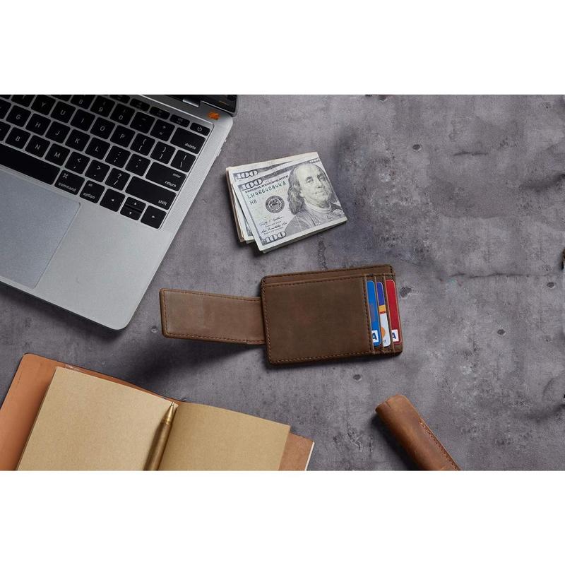 Genuine Leather Magnetic Front Pocket Money Clip Wallet RFID Blocking