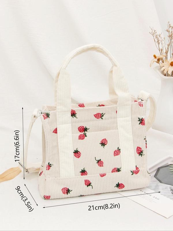 Women's Cute Strawberry Pattern Handbag for Summer, Fashionable Corduroy Crossbody Bag for Women & Girls, Casual Versatile Crossbody Bag for Daily Use