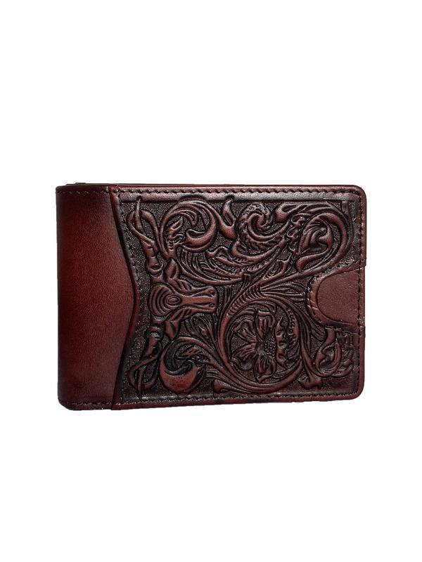 Men's Business Bifold Wallet, Vintage Plant & Cow & Ethnic Pattern Short Wallet, Multi Card Slot Card Holder with ID Windows